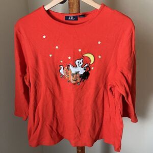 CB Casual Halloween Shirt Ghost Cat Pumpkin 3/4th Sleeve Top Orange Cotton Sz XL